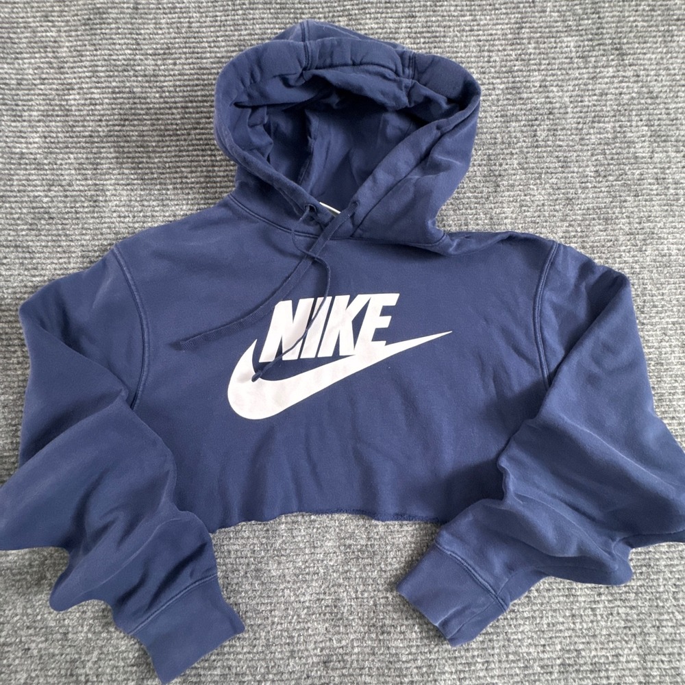 Nike Mens M Hoodie Navy Swoosh Logo DIY Cropped Raw Hem Unisex Streetwear